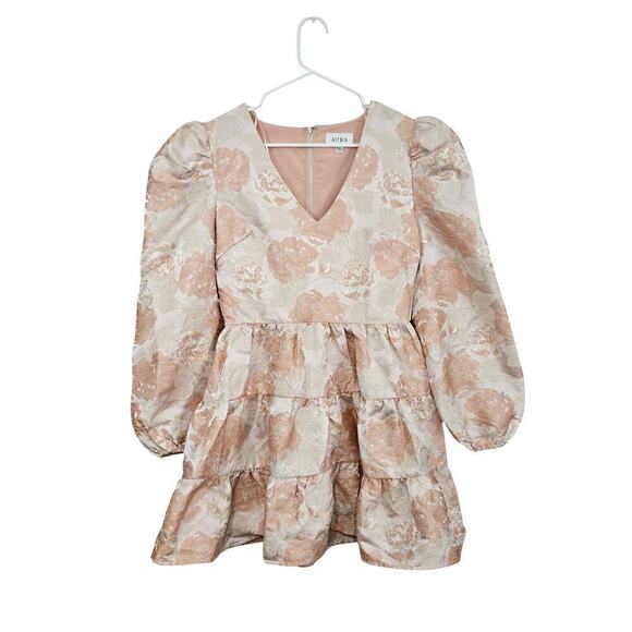 Aura Dresses & Skirts - NWT Aura by Red Dress Shiny Cream/Pink Fit & Flare Tiered Mini Dress Size S